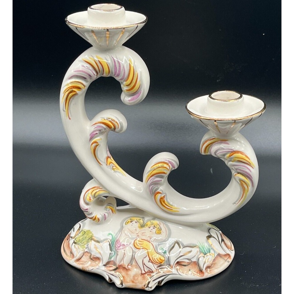 Vintage Alcobaca Portugal Capodimonte Double Candle Holder Hand Painted Stamped‎